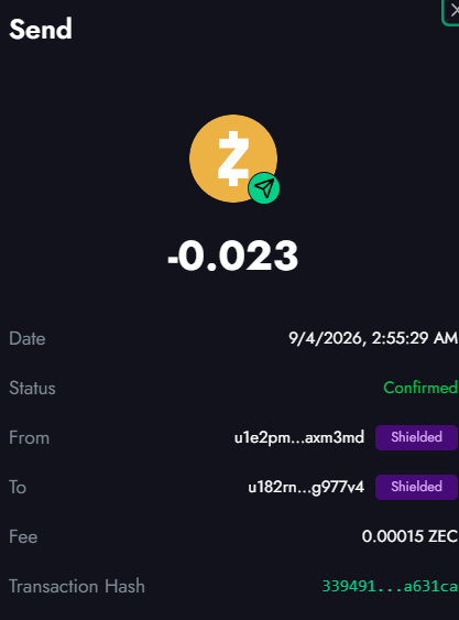 A screenshot of a confirmed Zcash (ZEC) transaction showing -0.023 ZEC sent from a shielded wallet (u1e2pm...axm3md) to another shielded address (u182rm...g977v4) on 9/4/2026, with a fee of 0.00015 ZEC. The transaction record supports the user's claim that funds left their wallet for an NFT purchase that was never delivered.