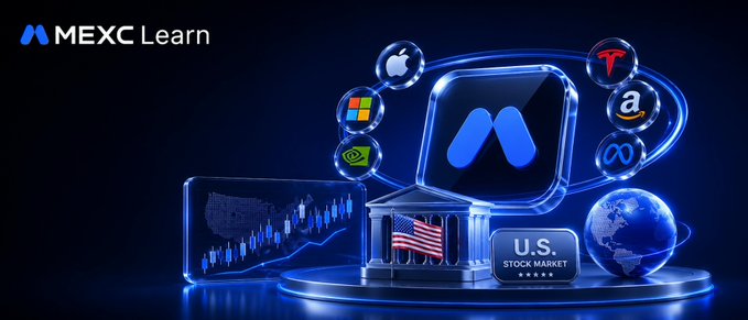 A stylized graphic from MEXC Learn features a glowing central logo surrounded by icons of major companies (Apple, Microsoft, Tesla, Amazon, Meta), a stock chart, a U.S. flag-topped building, a globe, and a "U.S. STOCK MARKET" label, visually representing the merging of crypto and traditional stock trading on a single platform. The image reinforces the post's message by illustrating how MEXC consolidates access to both cryptocurrency and U.S. equities within one unified, crypto-native trading ecosystem.