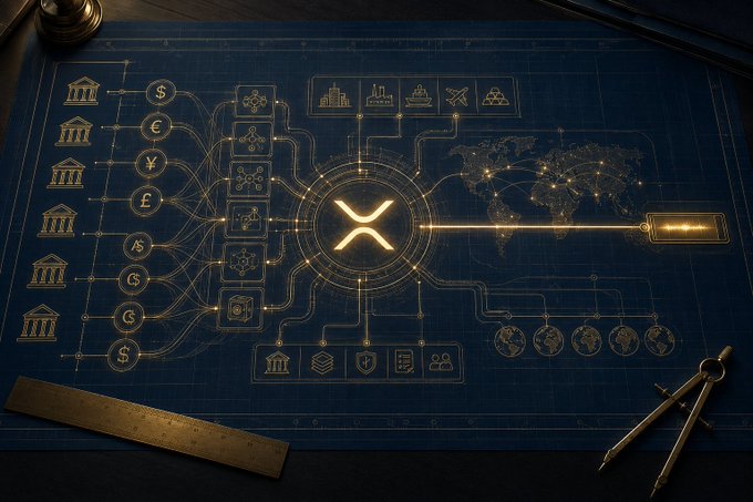 A glowing blue blueprint on a desk featuring the XRP logo at its center, surrounded by interconnected symbols of banks, currencies (dollar, euro, yen, pound), and a world map, with a compass and ruler nearby.
