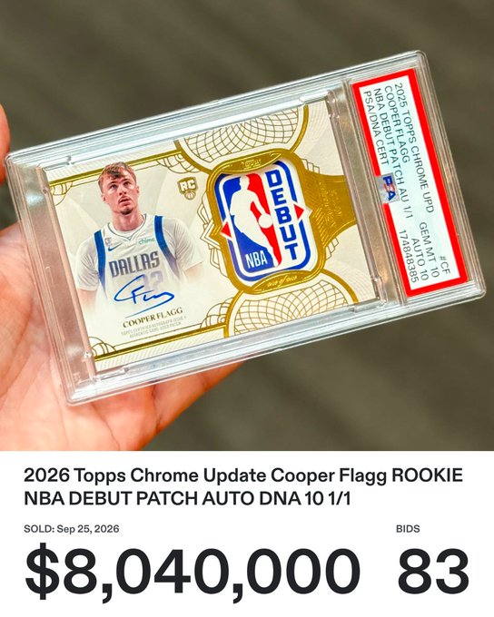 A 2026 Topps Chrome Update Cooper Flagg Rookie NBA Debut Patch Auto card graded PSA 10, sold for $8,040,000 with 83 bids on September 25, 2026.