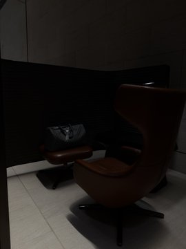 A dimly lit lounge area features a brown leather egg-shaped swivel chair next to a small ottoman holding a gray handbag, set against a dark wall.