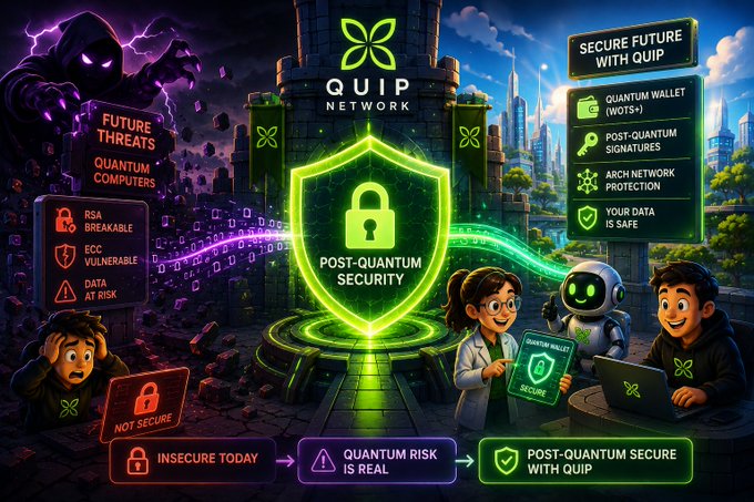 A vibrant digital illustration advertising 'QUIP Network' post-quantum security, contrasting a dark side labeled 'INSECURE TODAY' with future threats like RSA breakable and ECC vulnerable, against a bright 'SECURE FUTURE WITH QUIP' side showing a shield, scientists, and a robot.