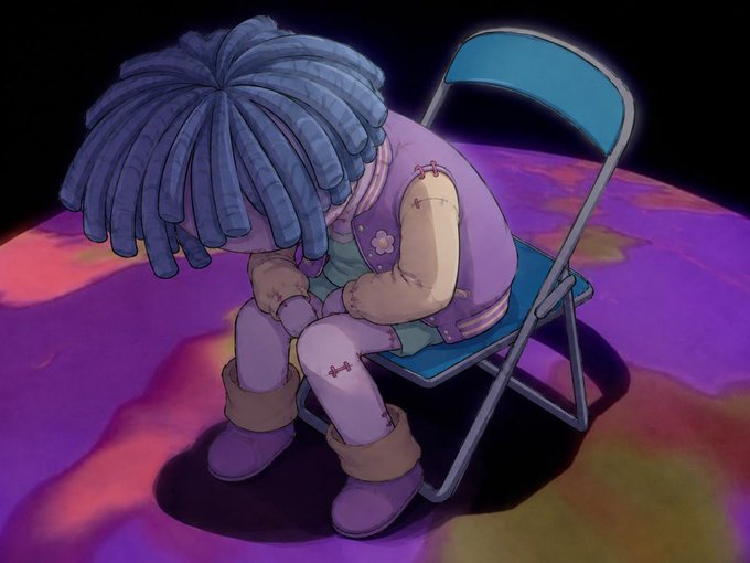 An illustration of a character with blue dreadlocks hunched over in a chair, resting their head on their knees against a swirling purple and pink background.