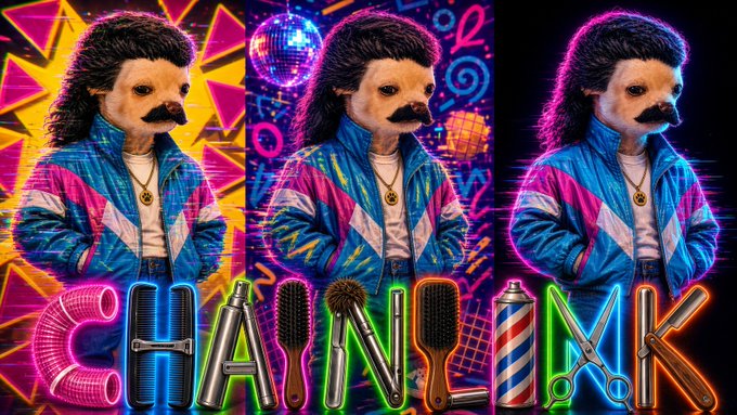 A neon-styled image features three panels of a person with a shaved head and mustache wearing a blue and pink retro jacket, with the word 'CHAINSAW' stylized with hair grooming tools underneath.