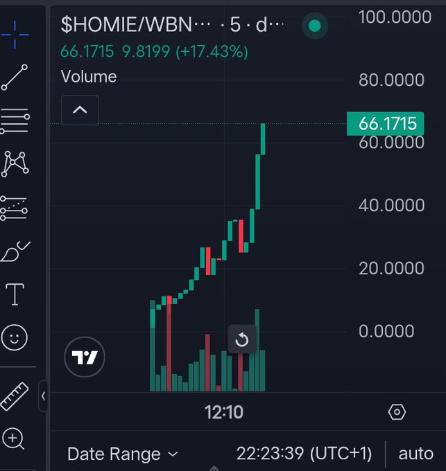 The image shows a phone screen displaying financial data, likely from a cryptocurrency trading app such as BinanceSwap. The main graph on the screen displays an upward trend for Bitcoin (BTC) prices against Etherium (ETH). There are several other price points on this graph and a price chart that indicates the rise in value over time. 

The post discussing this information features the title "HOMIES $HOMIE Live On PancakeSwap Buy in PancakeSwap Ca: 0x04AAB4c0ccb7A91ceB9538FC153F361fbb8b8dcc2 TG: t.me/HomiesBSC #HOMIES #HOMIES #BITCOIN #BINANCE #ETHERIUM #DOGE". The content also includes the description "HOMIES $HOMIE Live On PancakeSwap Buy in PancakeSwap Ca: 0x04AAB4c0ccb7A91ceB9538FC153f362fbb8b8dcc2 TG: t.me/HomiesBSC".