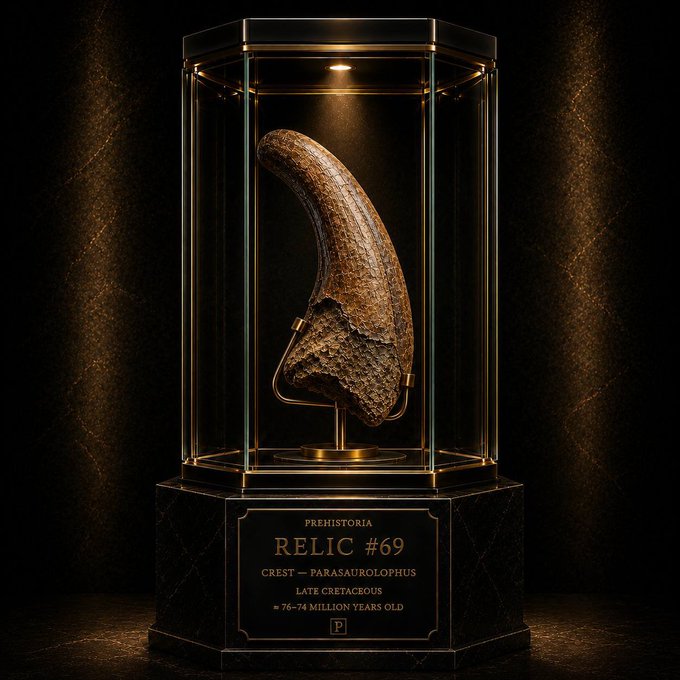 The image showcases a fossilized dinosaur claw (likely a theropod or similar Cretaceous predator) dramatically displayed in a hexagonal glass museum case with spotlight illumination, mounted on a dark pedestal bearing the plaque "PREHISTORIA RELIC #69 — CREST — PARASAUROLOPHUS — LATE CRETACEOUS — ≈76–74 MILLION YEARS OLD." 

The post's "gm everyone, it's the day, NFTs" ties into the image by framing the relic as an exclusive NFT collectible—presenting an ancient paleontological treasure through the sleek, museum-meets-digital-art aesthetic typical of Web3 drops, where history itself becomes a tokenized asset.