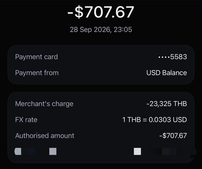A dark-themed financial transaction screenshot showing '- $707.67' on 28 Sep 2026, 23:05, paid via payment card ending 5583 from USD Balance, with a merchant's charge of -23,325 THB and FX rate of 1 THB = 0.0303 USD.