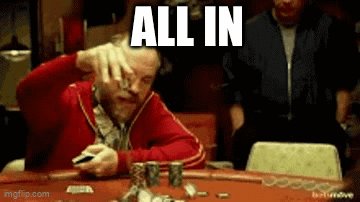 The image features a man sitting at a table with a deck of cards, possibly playing poker or another card game. He has his hand up, suggesting that he might be about to make a move or reveal some information related to the game. The text in the image reads "All In", which could indicate that they are about to place their bets on the current round of play.
