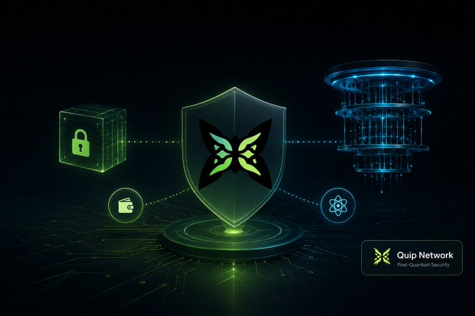 A digital graphic displays a central shield logo labeled 'Quip Network Post-Quantum Security', surrounded by icons representing encryption, wallets, quantum computing, and data servers.