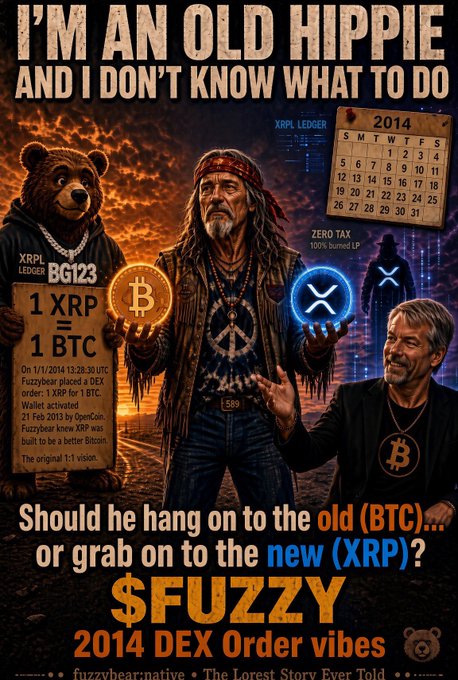 A meme-style poster titled 'I'M AN OLD HIPPIE AND I DON'T KNOW WHAT TO DO' features a hippie character alongside a bear and other figures holding Bitcoin and XRP symbols, with text reading '$FUZZY 2014 DEX Order vibes' and mentioning 1 XRP = 1 BTC.