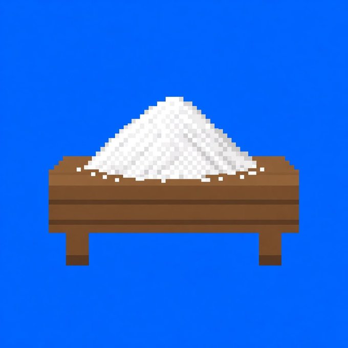 A pixel art illustration depicts a wooden container or trough filled with a white granular substance, possibly salt or sugar, set against a solid blue background.