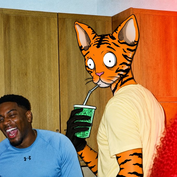 Meme image showing an animated anthropomorphic tiger character in a yellow shirt drinking from a cup with a straw next to a laughing man in a blue shirt.
