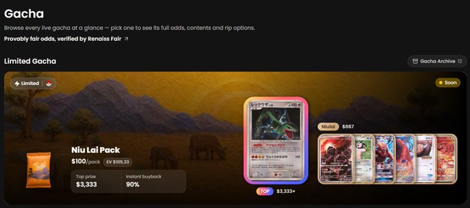 The image displays a "Limited Gacha" listing for the "Niu Lai Pack" priced at $3.333, set to release "Soon," featuring Nuiui Niu themed Pokémon cards with a 90% buyback rate and $687 recycle value shown in the preview. The screenshot confirms the post's details about the Niu Lai themed limited pack, its contents including six special Niu Lai card backs, and the $3.333 price point.
