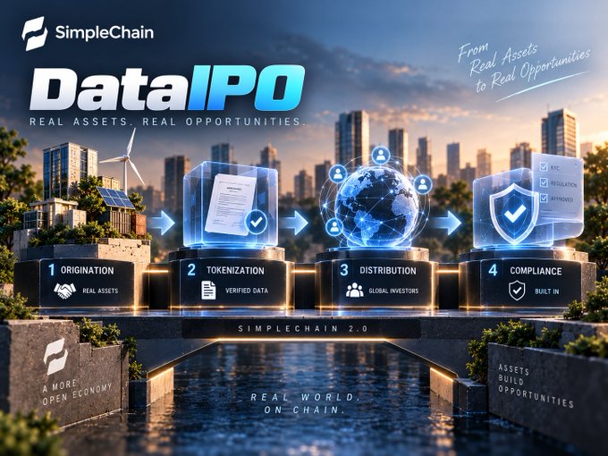 A promotional infographic for 'SimpleChain DataIPO' outlining a four-step process: 1 Origination, 2 Tokenization, 3 Distribution, 4 Compliance, with the tagline 'From Real Assets to Real Opportunities'.