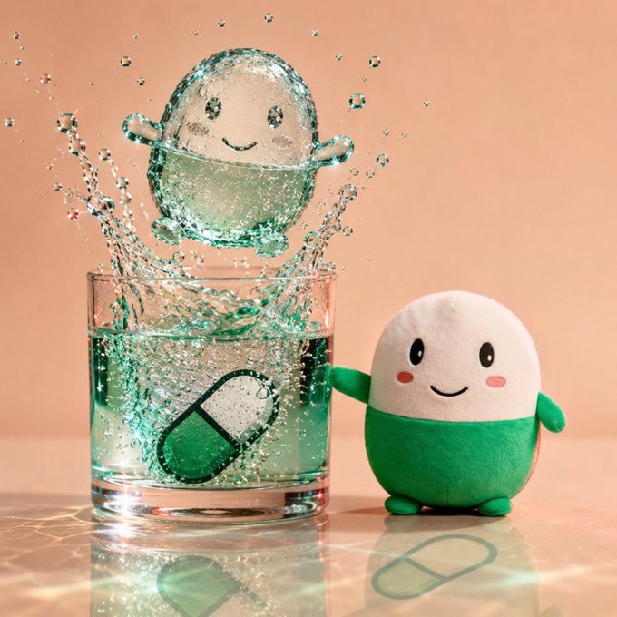 A green and white capsule-shaped plush toy character sits beside a glass of water where a water-splash version of itself emerges, with a capsule logo visible in the water.