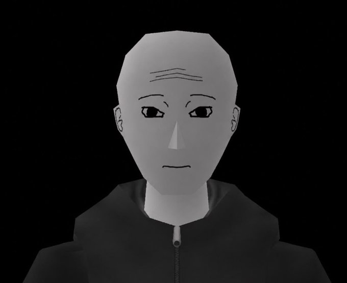 A bald, gray-skinned figure with a blank, drawn-on face stares forward against a black background, wearing a dark hoodie. The image evokes an eerie, uncanny "awakening" NPC — its wide-eyed expression subtly mirroring the post's theme of an artificial character becoming conscious of its reality.