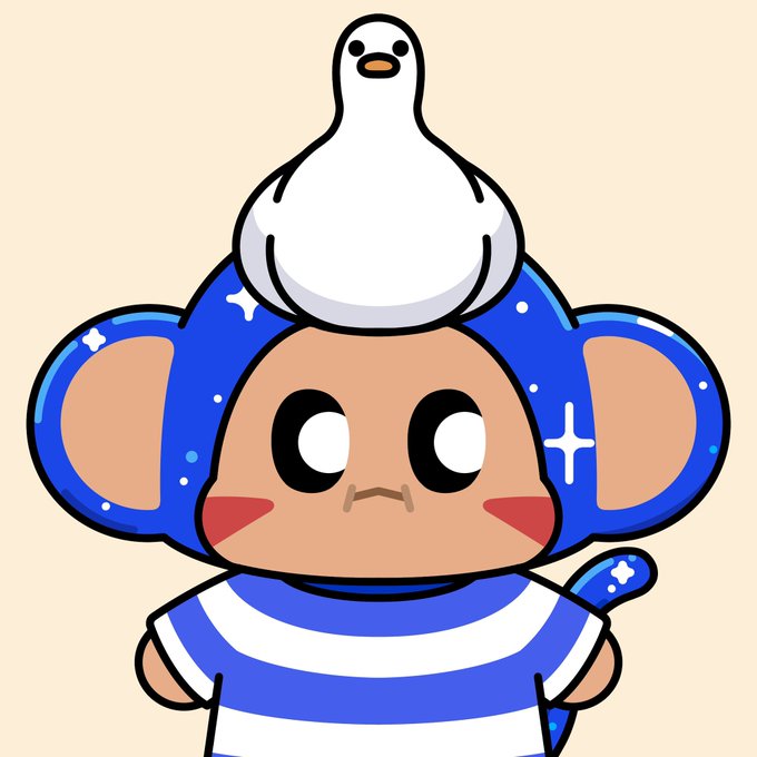 A cartoon monkey character from the Chimpers NFT collection is depicted with a galaxy-patterned blue and peach head, wearing a striped blue and white shirt, with a white bird perched on top of its head. The whimsical illustration ties into the promotional post highlighting the rarity and popularity of the Chimpers NFT project, which has only 5,555 total pieces and 100 Genesis 1/1 editions.