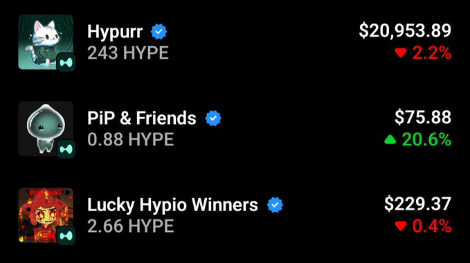 A dark-themed dashboard displaying cryptocurrency prices for Hypurr ($20,953.89, down 2.2%), PiP & Friends ($75.88, up 20.6%), and Lucky Hypio Winners ($229.37, down 0.4%).