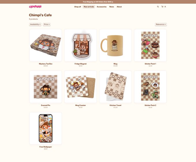 The image shows a website page displaying ChimpersHQ's Shop, which showcases various collectible items such as mugs with cartoon characters, figurines of people, and more. The website appears to be in beta testing or launching a new shop feature, as indicated by the banner at the top reading "New features coming soon". The post also refers to this site as ChimpersHQ's Shop for sale, indicating that the items are available for purchase on the website.