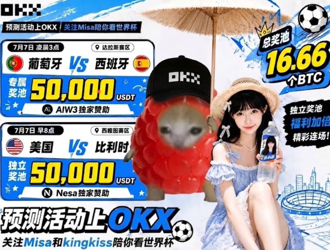 The image is a vibrant promotional graphic for an OKX World Cup prediction event, featuring a woman in a blue dress and sun hat alongside a cartoon cat wearing a red cape, advertising prize pools of 16.66 BTC and 50,000 USDT for matches including Portugal vs. Spain on July 7 at 3 AM and USA vs. Belgium at 8 AM.