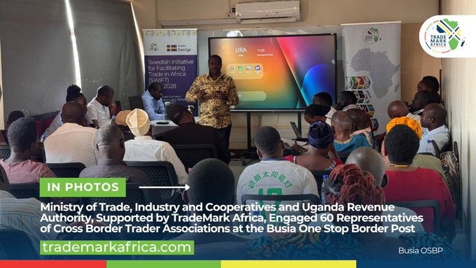 A presentation at the Busia One Stop Border Post with text: 'Swedish Initiative for Facilitating Trade in Africa (SWIFT) 2028', featuring TradeMark Africa and Uganda Revenue Authority banners, describing engagement of 60 cross-border trader representatives.