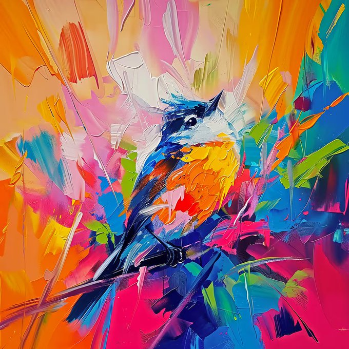 A vibrant, thickly impasto oil painting of a small songbird—appearing to be a Black-throated Green Warbler—perched among colorful foliage in a bold palette of oranges, blues, pinks, and greens, showcasing the expressive, textured brushwork the artist is known for.
