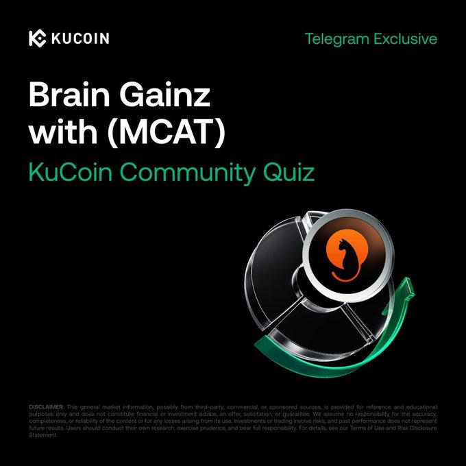 The image is a KuCoin promotional graphic for a "Brain Gainz with (MCAT) KuCoin Community Quiz" labeled as "Telegram Exclusive," featuring a sleek black background with the MarsCat (MCAT) logo—a cat silhouette inside a circular emblem wrapped in a green upward arrow—complementing the accompanying post announcing a live community quiz event on September 25 in the KuCoin Exchange Main Telegram Group.