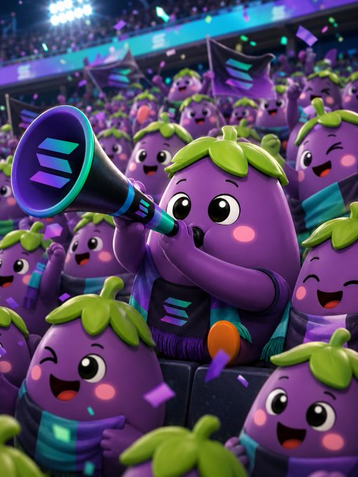A 3D cartoon scene of cheering purple eggplant mascots with Solana logos at a stadium, one holding a megaphone.