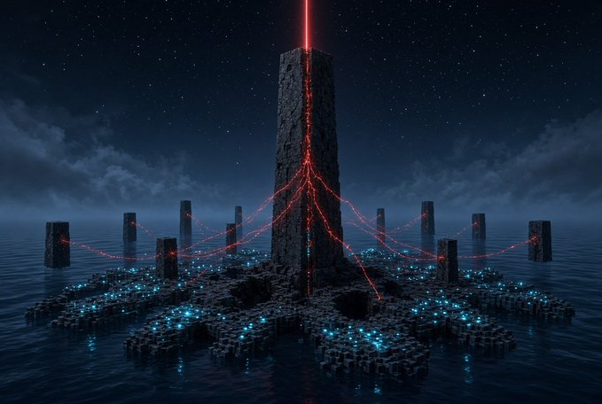 A stylized digital artwork depicts a tall central stone monolith on a rocky platform at night, illuminated by a red beam from above and connected by red lines to surrounding pillars, with glowing blue lights on the base.
