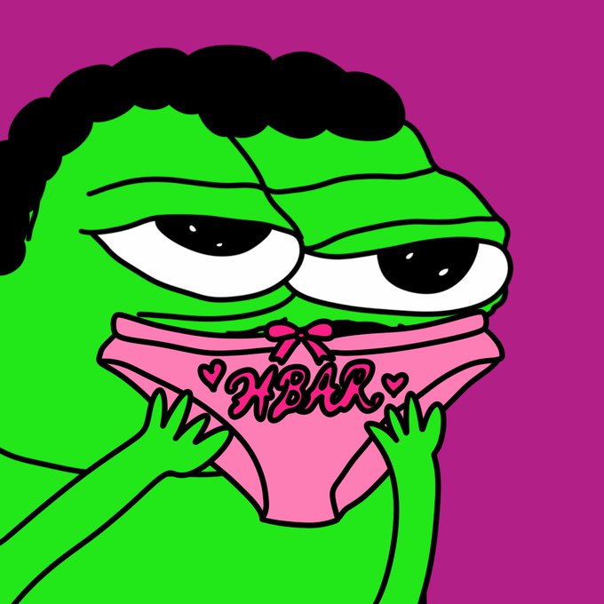 A cartoon illustration of a green, lumpy-faced character holding pink underwear labeled 'HBAR' against a solid purple background.