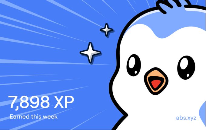 The image features a cartoon penguin with blue eyes, looking at the camera. The background has a blue color scheme that matches the penguin's color. There are two stars positioned above the penguin, adding a touch of sparkle to the scene. The text in the image reads "I just earned 7,898 XP on @AbstractChain this week! - Played Gigaverse and Moody drops - Played Maze of Gains - 13 Days Upvote Streak". This suggests that the post is related to a gaming event or achievement where the penguin has gained XP.