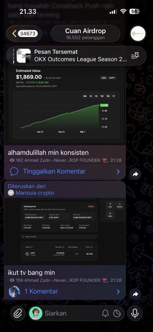 Tangkapan layar grup “Cuan Airdrop” menampilkan komentar “alhamdulillah min konsisten” dan kiriman bertuliskan “Full garem kan sir canopy” dengan estimasi nilai Rp1.869.000, ticker CNPY/USDT, serta sebutan @CNPYNetwork. Ini mendukung konteks pujian atas pengelolaan airdrop Canopy dan cuan yang diterima.
