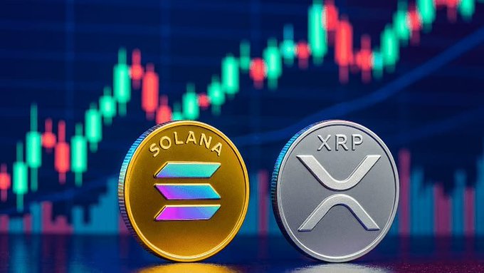 A gold "SOLANA" coin and a silver "XRP" coin sit side by side in front of a candlestick price chart, representing the two altcoin choices in the hypothetical $100K investment decision.