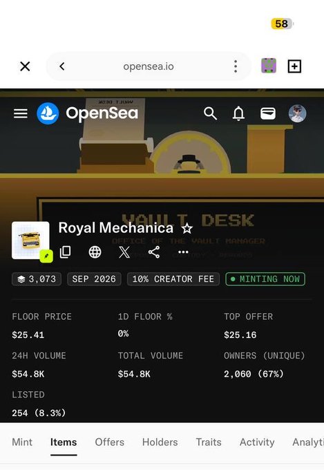 A mobile screenshot of the OpenSea (opensea.io) website shows an NFT collection called "Royal Mechanica" with a floor price of $25.41 and total volume of $54.8K.