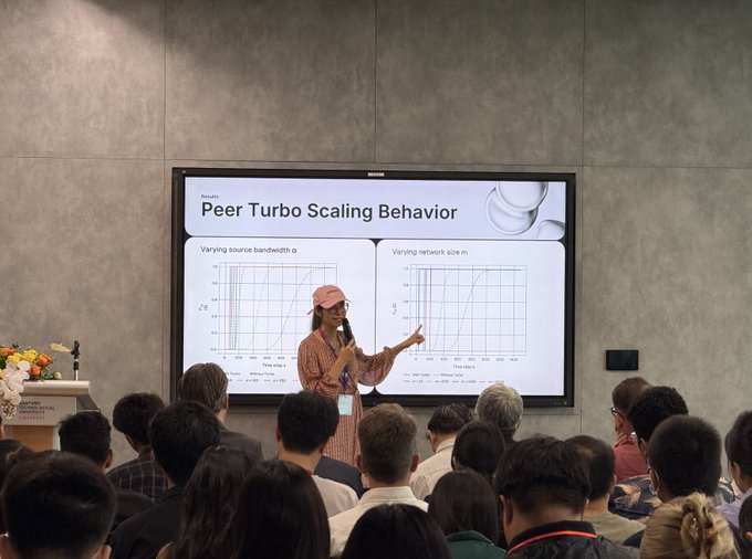 A speaker wearing a pink hat presents 'Peer Turbo Scaling Behavior' charts on a screen showing varying source bandwidth and network size metrics to a seated audience.