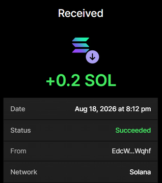 A screenshot of a successful Solana transaction confirmation showing a receipt of +0.2 SOL from "EdcW...Wqhf" on August 18, 2026, verifying the 0.2 SOL payment used to purchase 6,000,000 $BULLPURR tokens as advertised in the promotional post.