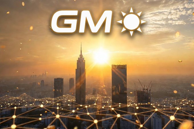The image features a city skyline with a large sun setting behind it, creating a beautiful backdrop for the GM logo. The text "GM" is prominently displayed above the sun, indicating that this image is related to the GM brand or company. The caption below the image provides additional information about the content of the post and its connection to the GM brand.
