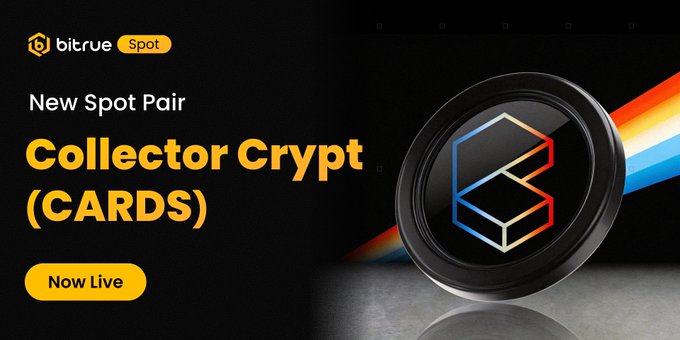 The Bitrue Spot platform announces an exciting new spot pair, Collector Crypt (CARDS), now live for trading. This image directly reflects the post by highlighting the "New Spot Pair" and prominently displaying "Collector Crypt (CARDS)" along with a "Now Live" button.
