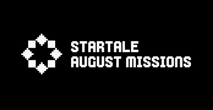A pixel art logo with a four-pointed star design next to the text 'STARTALE AUGUST MISSIONS' on a black background.