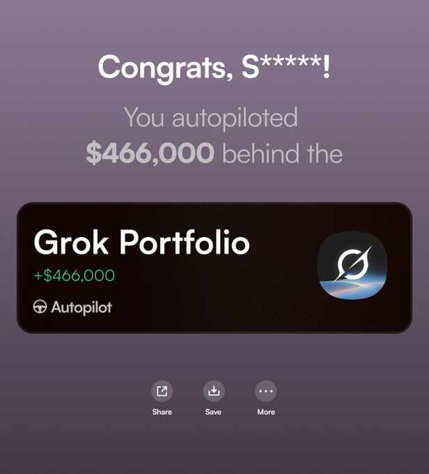 The image shows a computer screen with an investment account dashboard for Grok Portfolio featuring $466,000 invested by someone named "autopilot" who uses Grok as part of their investing process. The dashboard displays information about the investment strategy, portfolio performance, and other details related to Grok's operations on Autopilot platform.