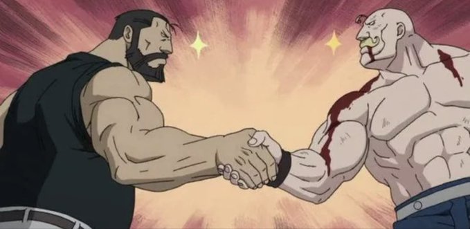 Two muscular, bearded anime-style characters are shown shaking hands against a vibrant, radiating background. This image serves as a meme for the accompanying post, symbolizing a "deal" or agreement regarding the user's willingness to go "all in" on Pumpfun.