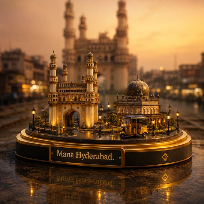 A miniature golden diorama of Hyderabad's iconic Charminar stands on a reflective base inscribed with "Mana Hyderabad," featuring a tiny auto-rickshaw and a domed mosque under warm dusk lighting, capturing the regal old-city heritage referenced in the caption's tribute to Binance India's Mana Hyderabad campaign.