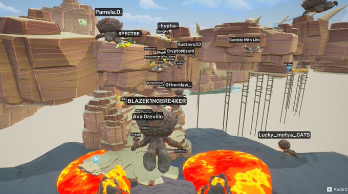 A screenshot from a multiplayer gaming environment, possibly Rec Room, showing multiple players with usernames like 'Pamela.D.', 'SPECTRE', 'BLAZEKINGBREAKER', 'Ava Orevillo', and 'Cryptowizard' navigating a platformer-style obstacle course over lava.
