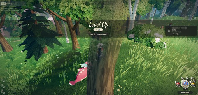 Video game screenshot showing a character climbing a tree with a 'Level Up' notification and achievement 'Elite' displayed.