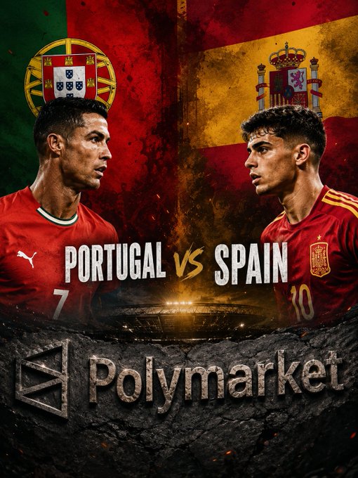 Promotional graphic for a Portugal vs Spain soccer match featuring Cristiano Ronaldo (#7) and Lamine Yamal (#10) with the Polymarket logo displayed below.