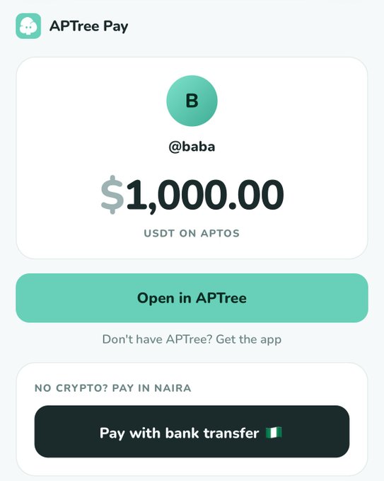 Mobile payment screen from APTree Pay showing a $1,000.00 USDT payment on Aptos to @baba, with options to open in APTree or pay with bank transfer.