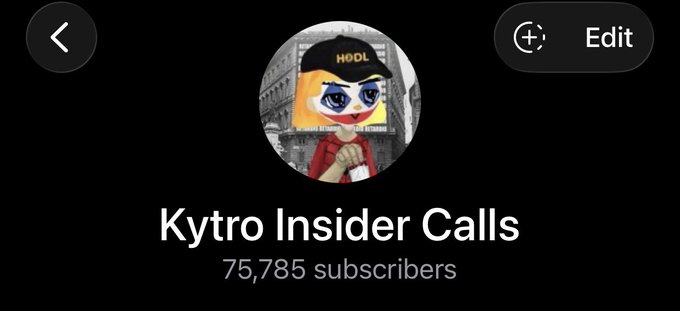 YouTube channel page for 'Kytro Insider Calls' showing 75,785 subscribers with an avatar of a clown-like character wearing a HODL cap.