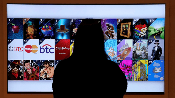 A silhouetted figure stands before a screen displaying a grid of numbered images, including logos for 'BTC', 'btc', 'MineBitcon', and 'Cycle Germany Code is bt', alongside various other digital artworks.