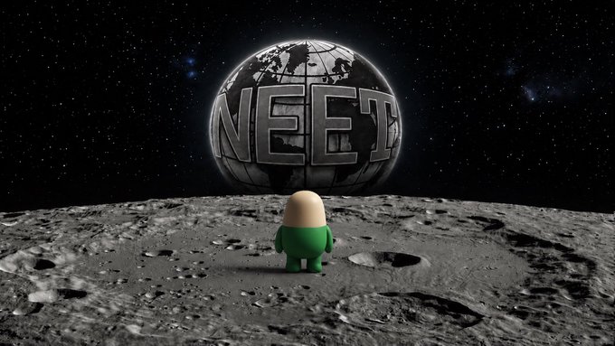 urn of a globe with the word "NEET" written on it, accompanied by a green-shirted figure standing on a rocky surface.