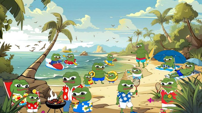 A group of Pepe the Frog characters enjoy various beach activities including surfing, swimming, and grilling on a tropical shore, creating a fun, cartoonish scene that captures the cheerful, carefree spirit of the "Good morning guys, have a great Wednesday!" greeting.